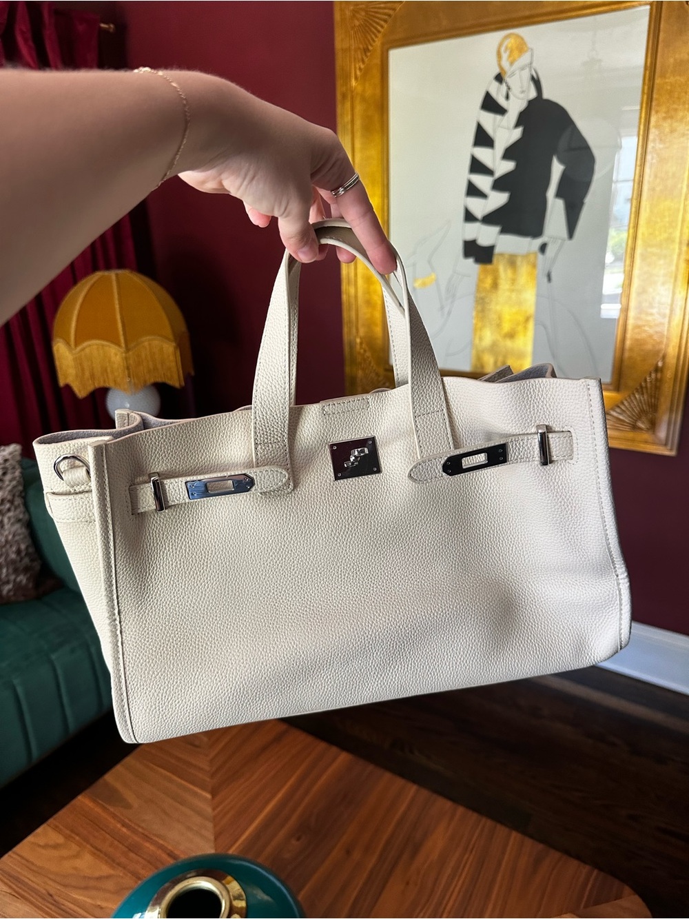 Birkin Top Handle Elegant Beige Leather Tote Bag Laptop Purse - Picture 3 of 6